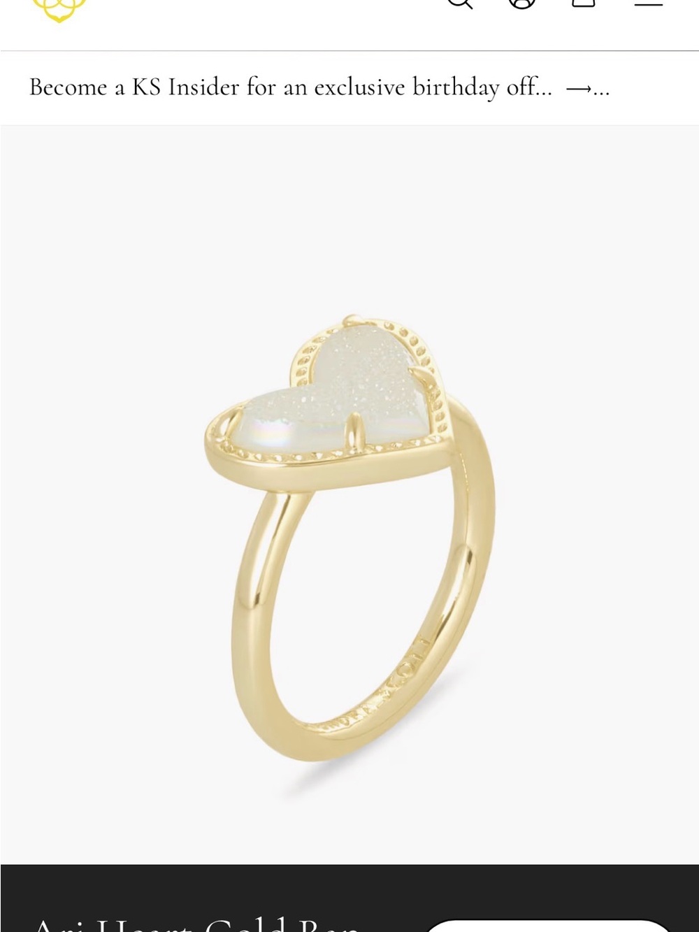 Kendra Scott Gold Heart Druzy Ring with whitish pink sz 7